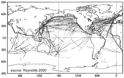 Ships' tracks where ocean measurements were done