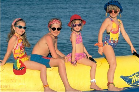 Children demonstrating various types of swim suit