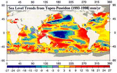Topex Poseidon sea level change 1993-1998