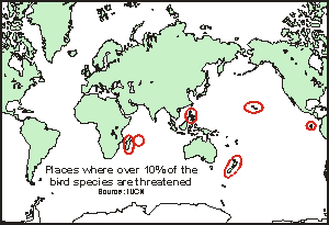 Places with over 10% threatened birds