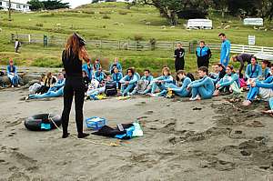 Schoolchildren receiving snorkel instruction